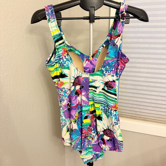 VTG Rose Marie Reid Swim Floral One Piece Shirred Pinup Retro Swimsuit Modest 14 - Picture 2 of 5